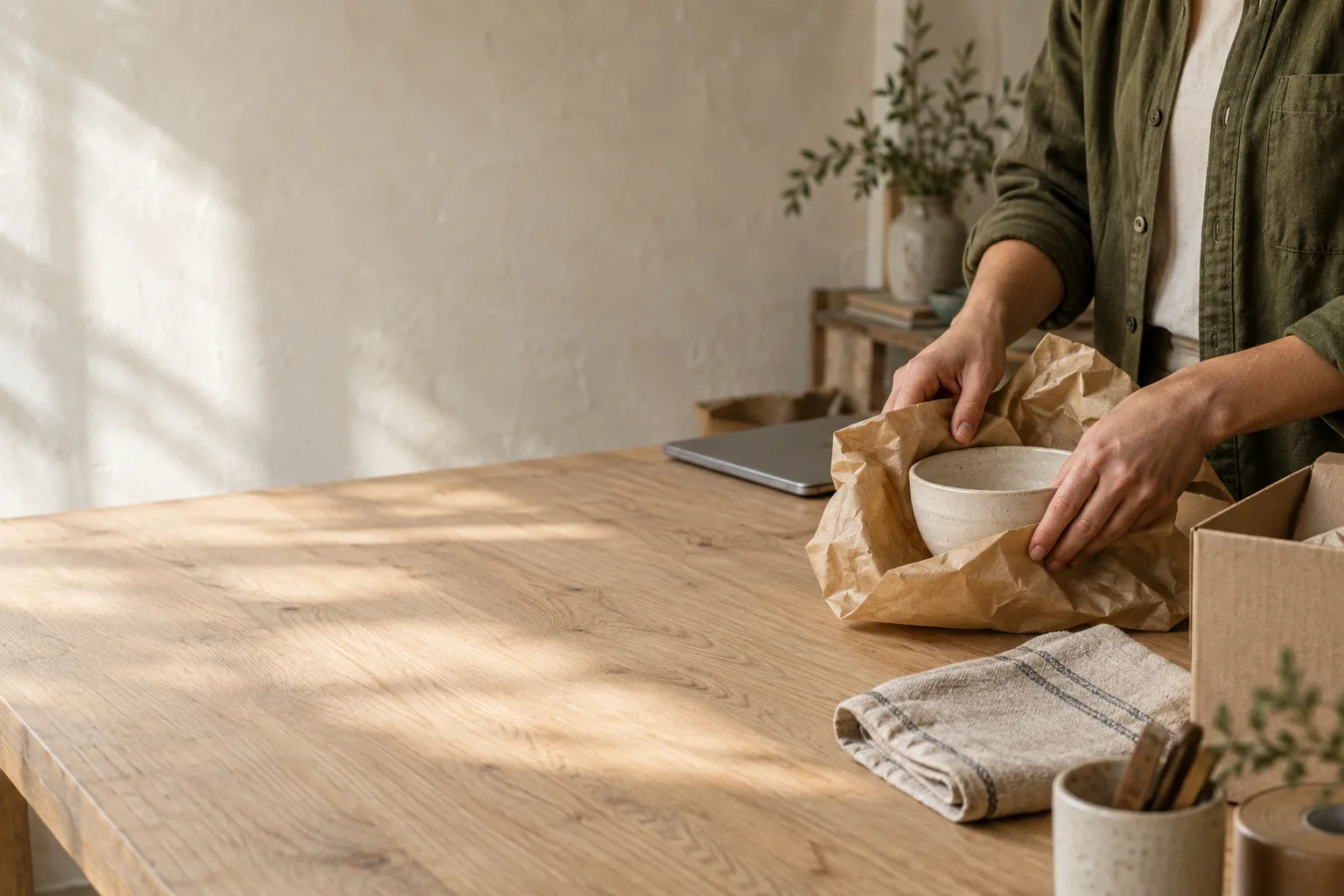 A merchant wrapping a ceramic bowl at a small shop packing table, beside linen and a shipping box.